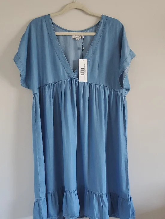 NWT Molly Bracken Denim Light Blue Flared Chambray Mini Dress Sz XL Coquette - Picture 4 of 16